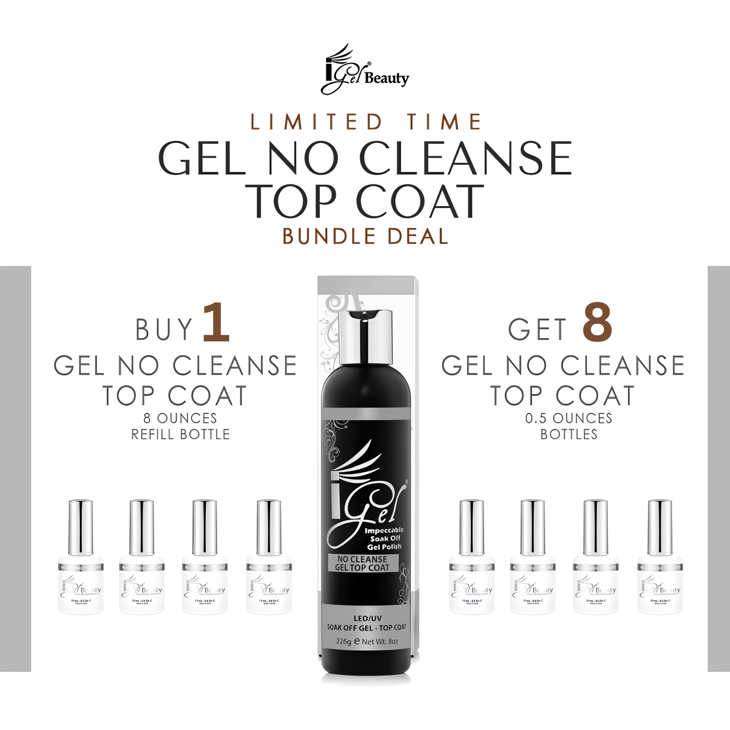 REFILL BUNDLE - IGEL NO CLEANSE TOP COAT - 8OZ. + 8 BOTTLES 0.5OZ. FREE