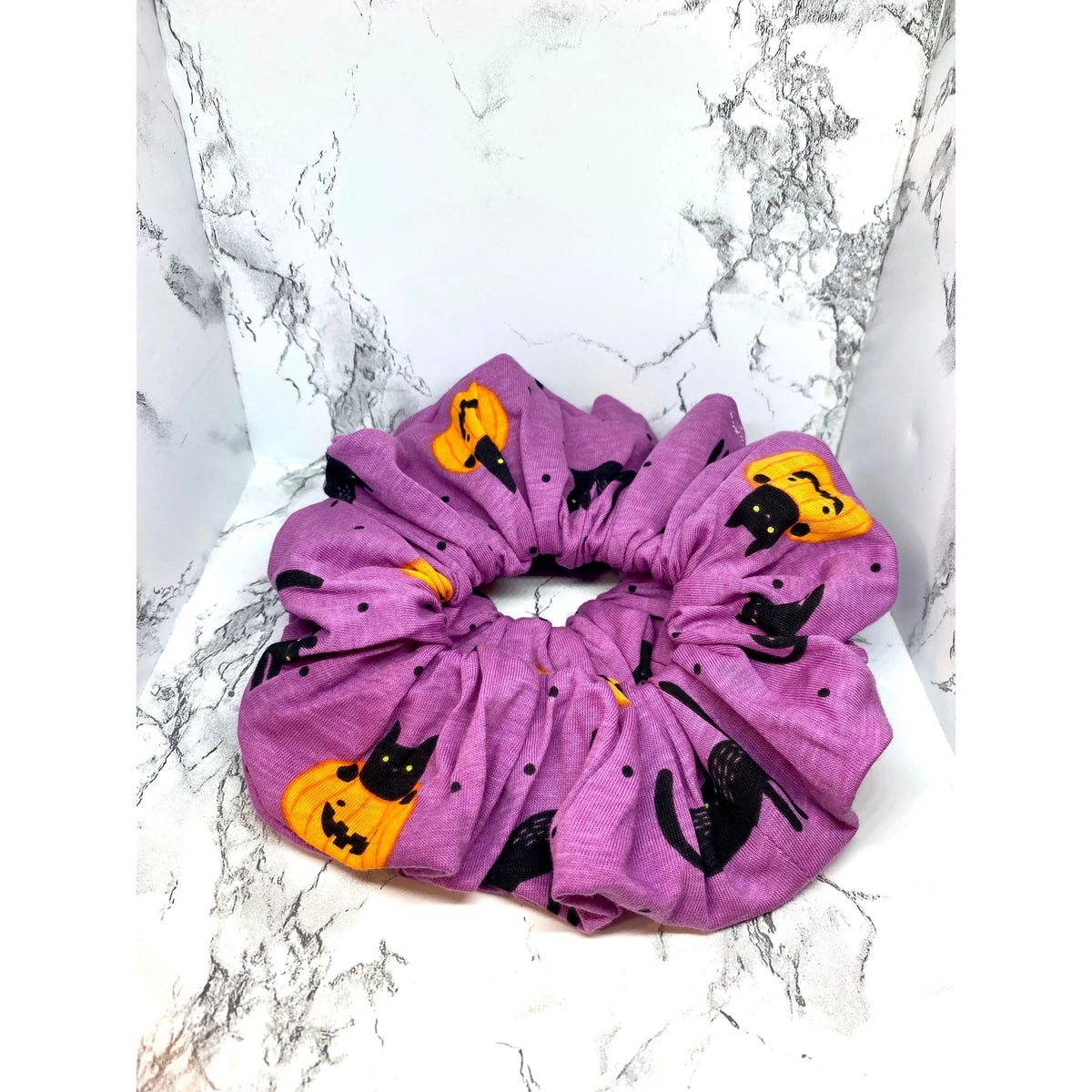 Purple Pumpkin Cat Halloween Scrunchie
