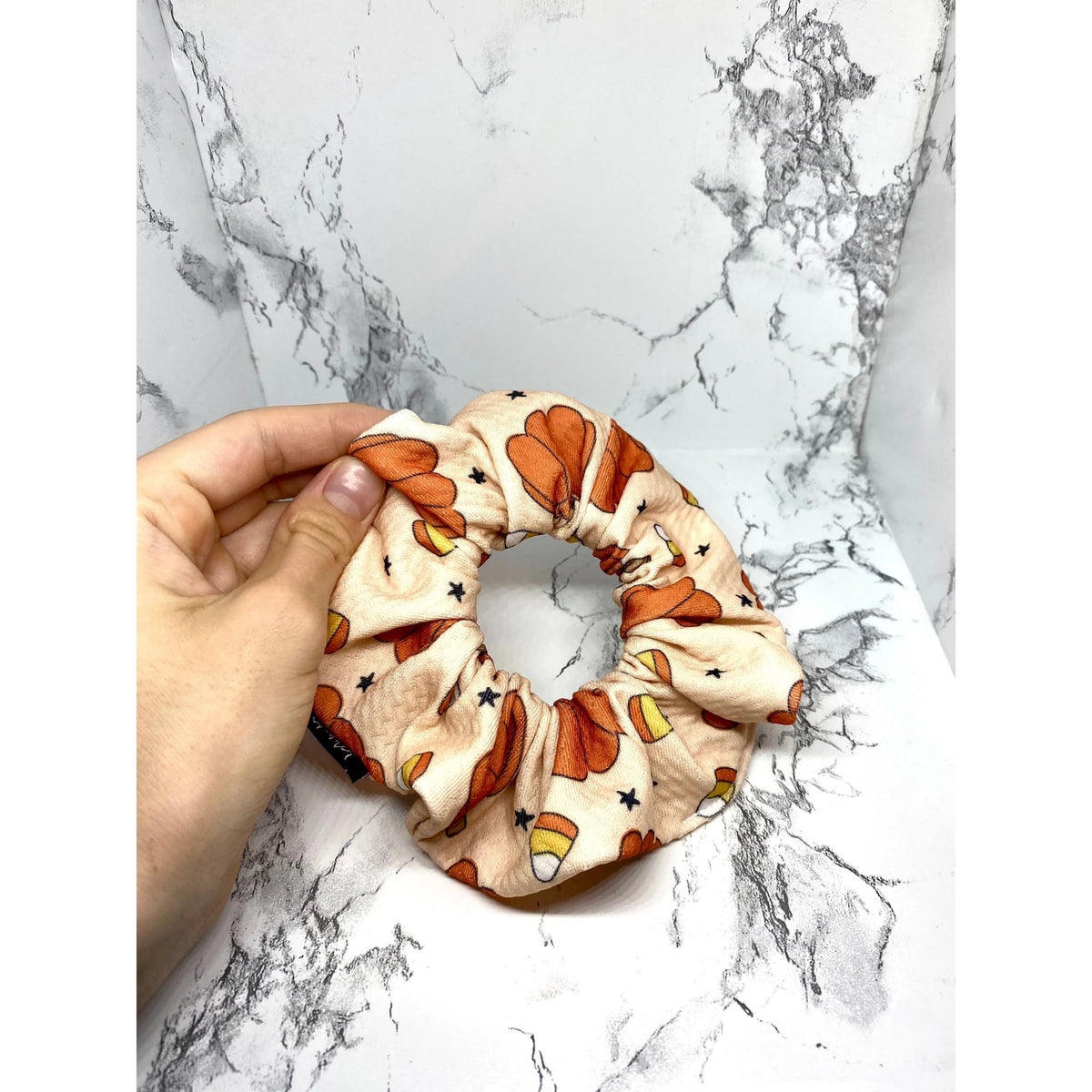 Mini Beige Pumpkin and Candy Corn Bullet Scrunchie