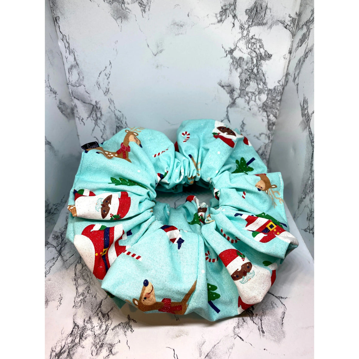 Blue Santa and Reindeer Christmas Scrunchie