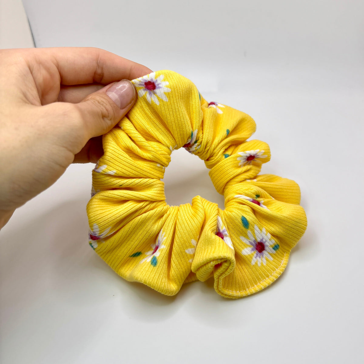 Mini Yellow Floral Spring Ribbed Scrunchie
