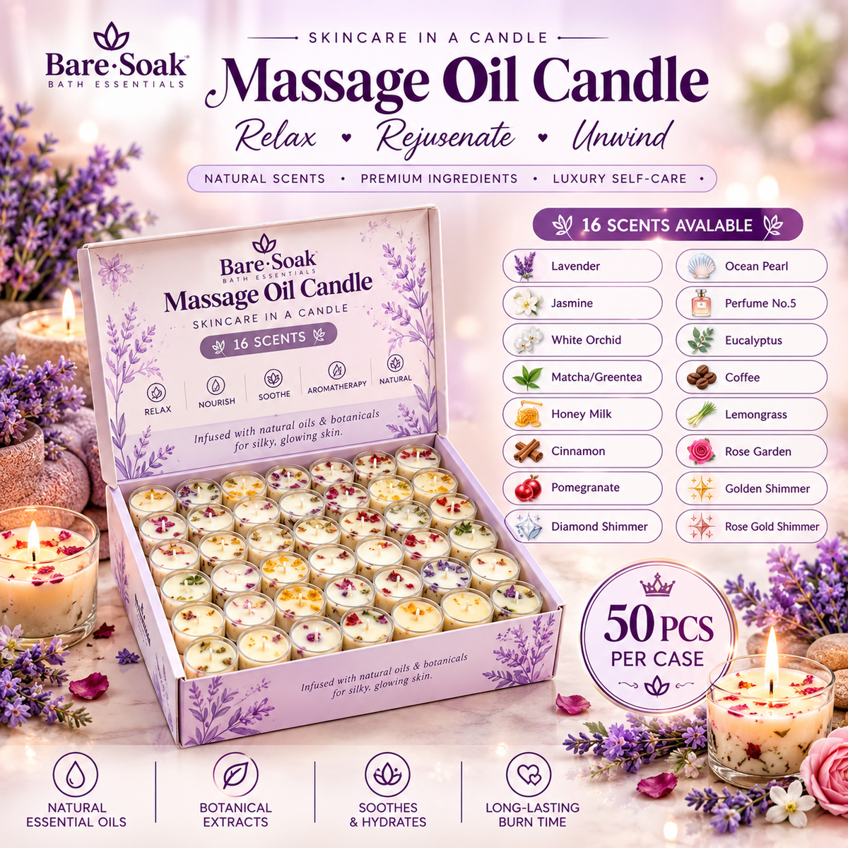 BARE SOAK MASSAGE OIL CANDLE - 50PCS/CASE