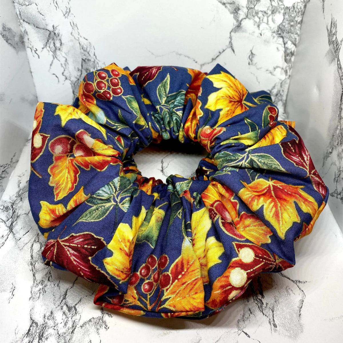 Navy Metallic Leaves Fall Scrunchie