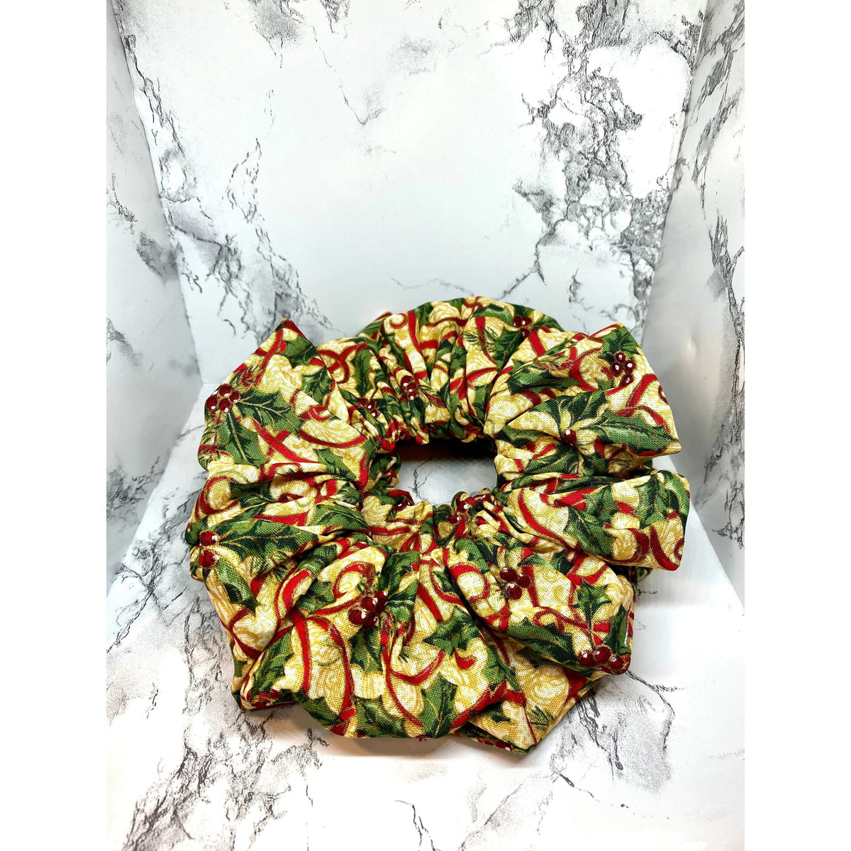 Gold Holly and Ribbon Christmas Scrunchie