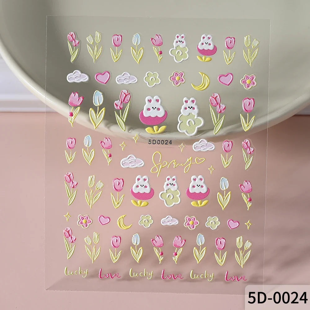 1Pcs 5D Lovely Panda Nail Stickers Cartoon Rabbit/Flower/Animal Self Adhesive Nail Art Decals Y2K Manicure Decorations Sliders *