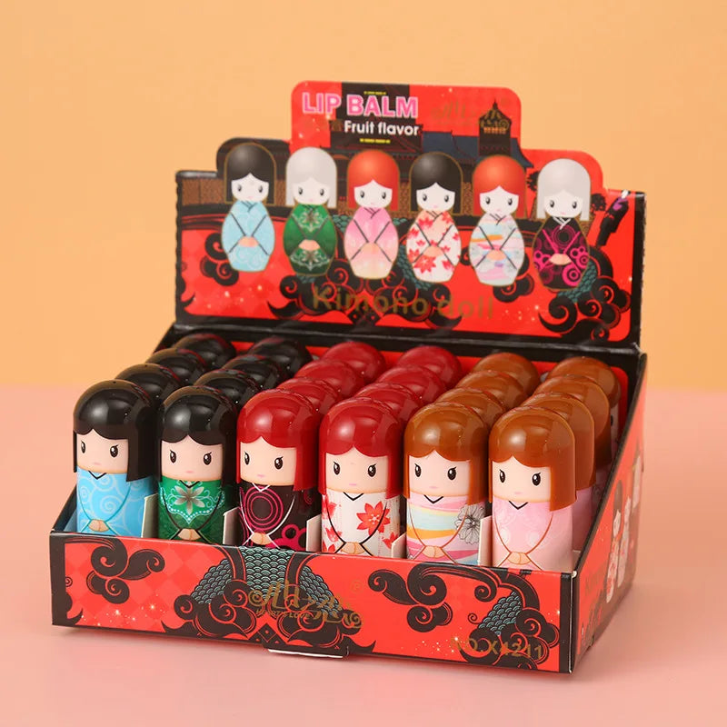 6Pcs Moisturizing Lip Balm Kimono Doll Lipbalm Lip Care Cute Kawaii Lips Makup Fruit Flavor for Girl Party Gifts