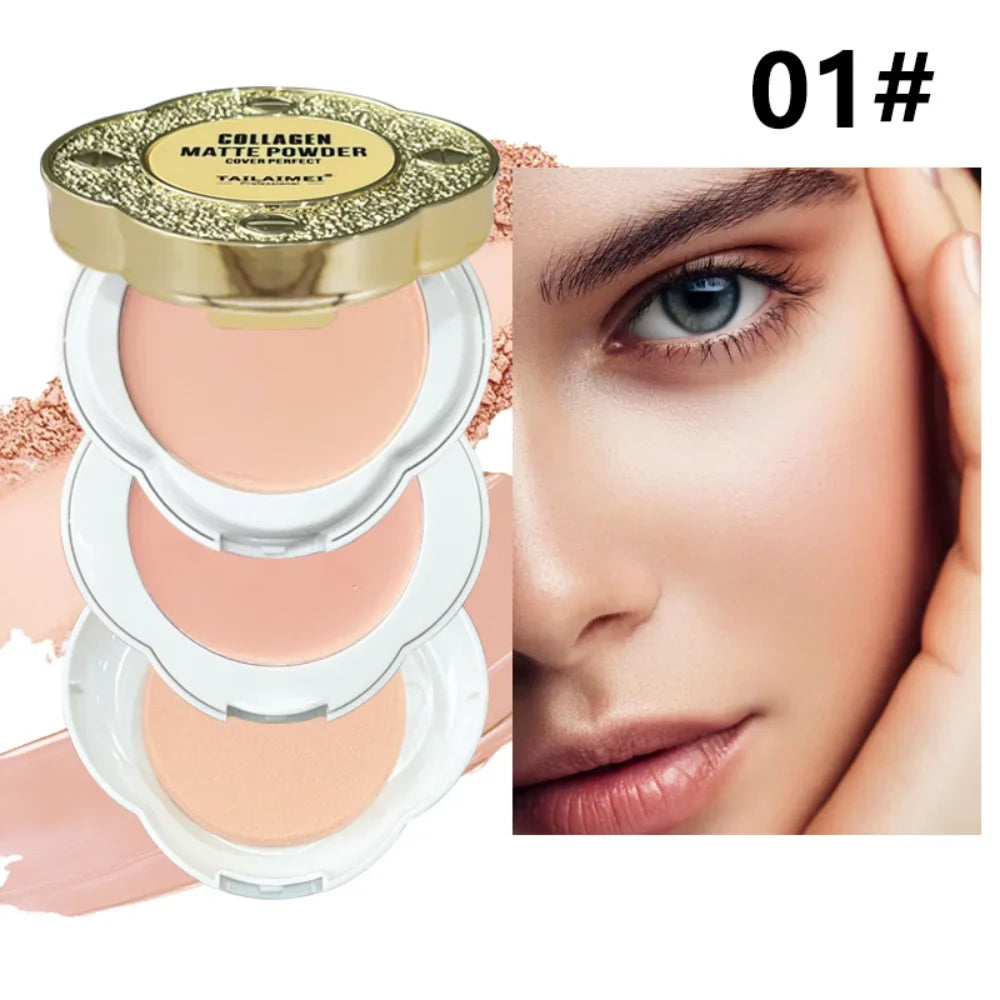 Natural Matte Pressed Powder Oil Control Brighten Whitening Face Base Foundation Compact Concealer Makeup Cosmetics