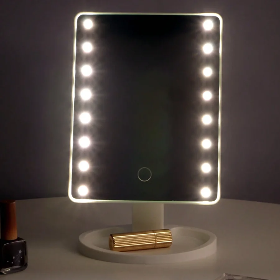 16 LED Light Vanity Mirror with Storage Base - 360° Rotating Touch-Sensitive Desktop Makeup Mirror (Dimmable Lighting)