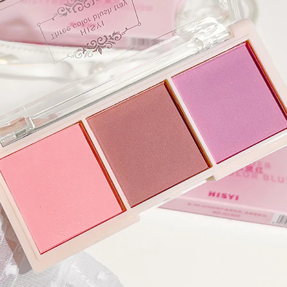 Three color blush tray, milk tea tone, matte and pearl natural gloss, brightening, long-lasting, no fly powder rouge makeup