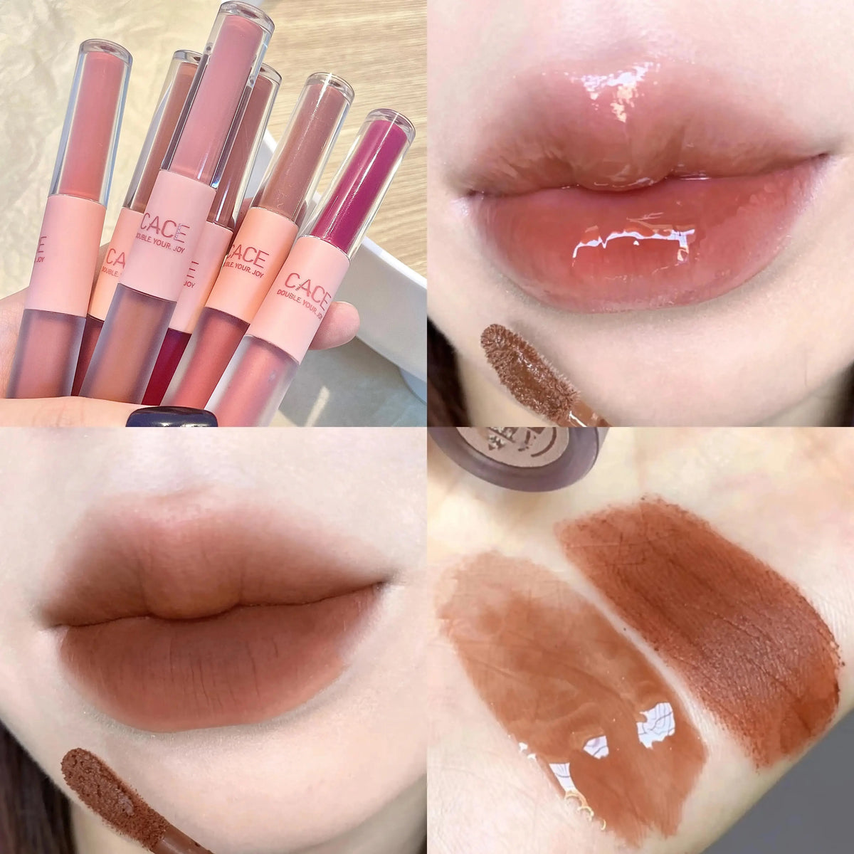 CACE Double Head Lip Gloss Sexy Red Lip Makeup Lip Mud Mirror Water Gloss Lip Glaze Matte Lipstick Waterproof Korean Cosmetics
