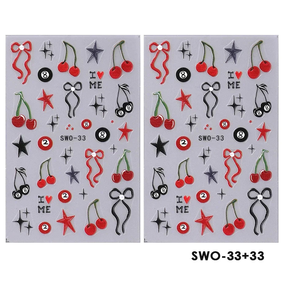 2pcs Sweet Element Nail Art Stickers Simple Flower Heart Cherry Strawberry Kawaii Decals Colorful Bow Butterfly Manicure Sliders