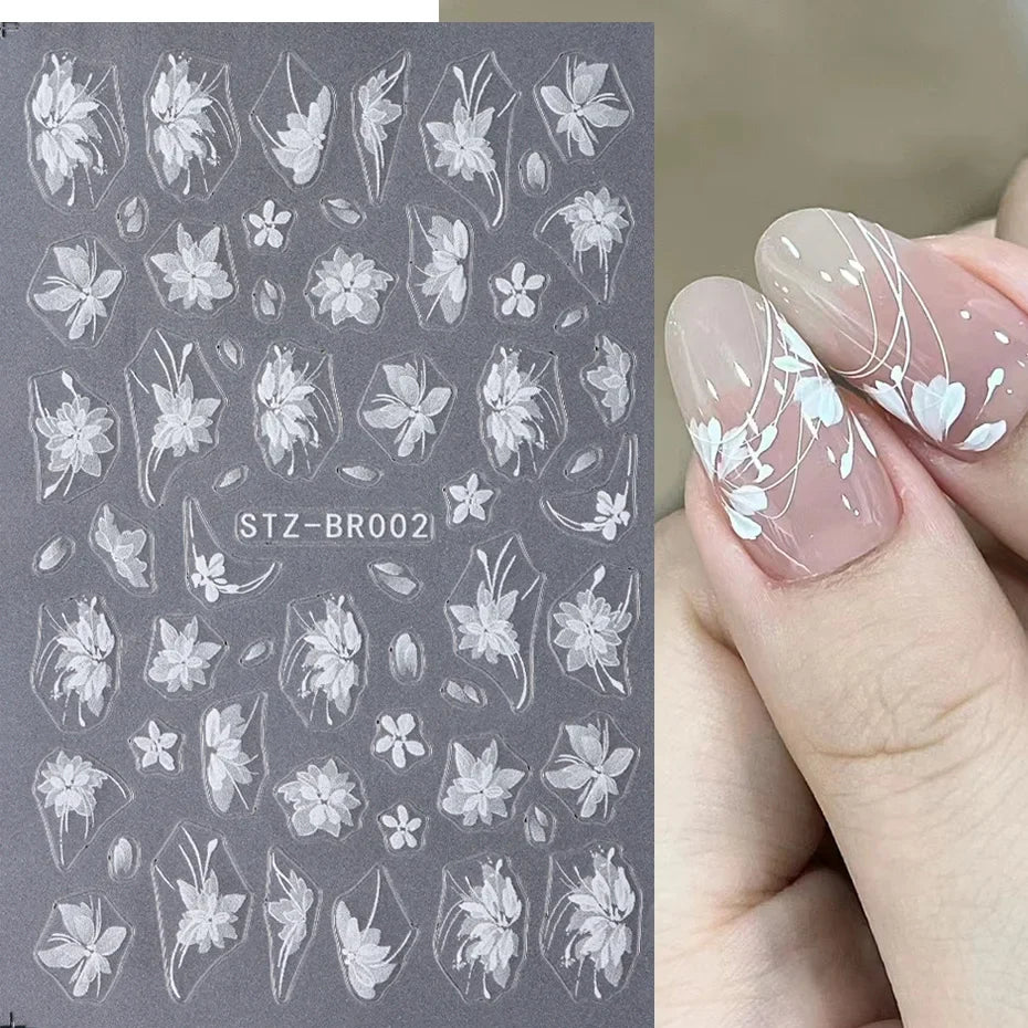 3D White Flower Nail Art Stickers Cute Floral Adhesive Sliders Acrylic Decoration Decals DIY Nail Charms Adhesive Accessories