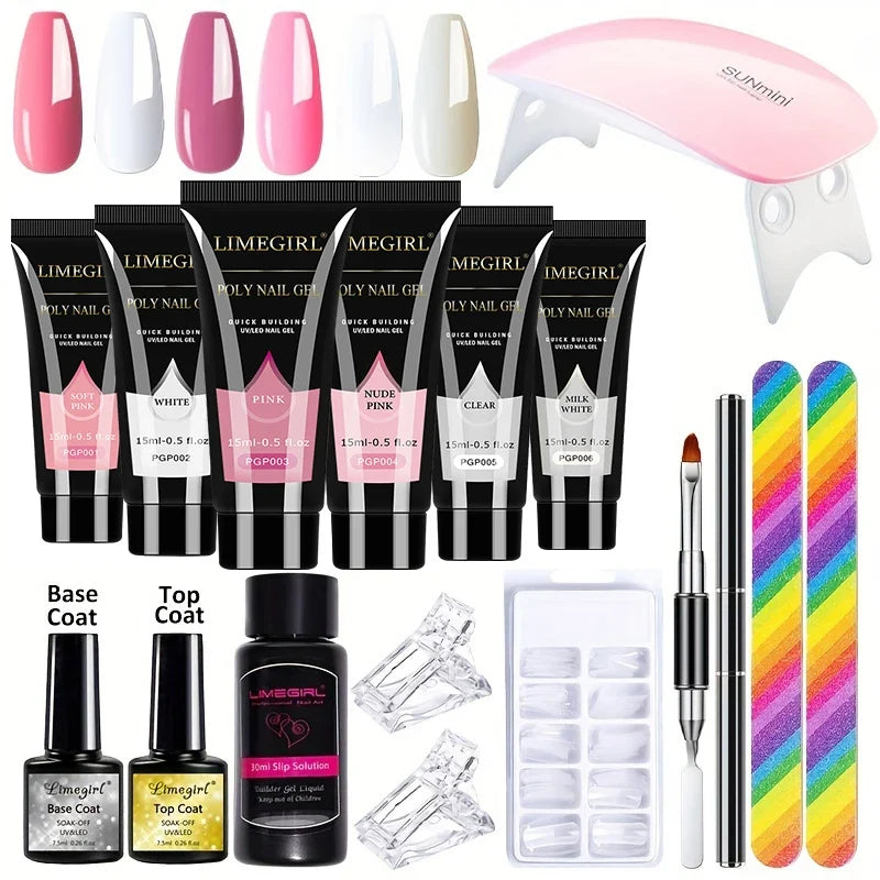 6PCS Extension Nail Polymer Gel Set 15ML Quick Building UV/LED Gel with Nails Mini Lamp for Manicure Extension Art DIY Tools Kit