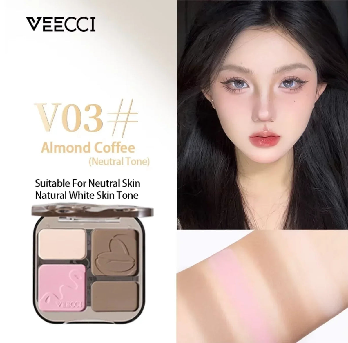 VEECCI 4 Color Contour Palette Powder Matte Shimmer Bronzer Highlighter Brighten Nude Tones Longlasting Facial Makeup