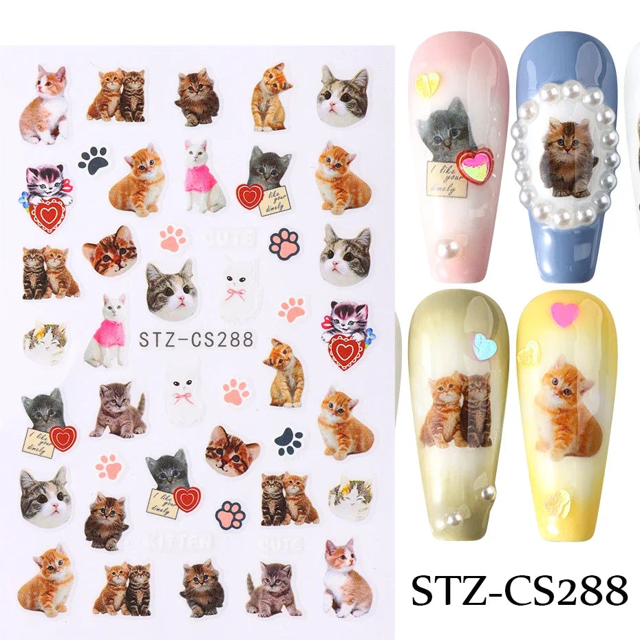 Lovely Dog Cat Animal Bunny 3D Korean Cartoon Scrawl Relief Self Adhesive Nail Art Stickers Cute Pretty Puppy Kitty Star Manicur