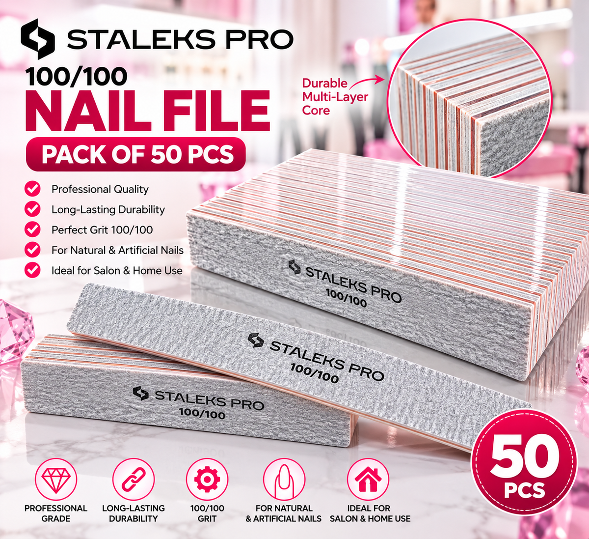 STALEKS PRO JUMBO NAIL FILE 100/100 (PACK OF 50PCS)