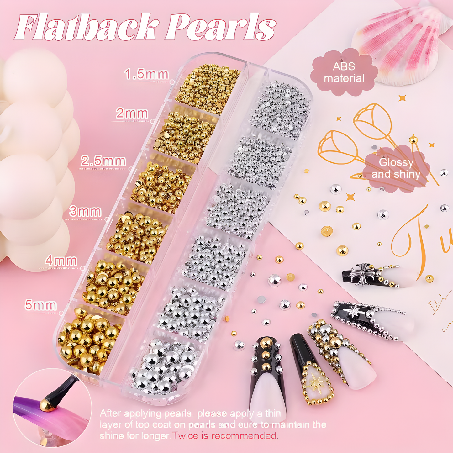 PEARL SILVER & GOLDEN FLATBACK NAIL CHARM 12-GRID