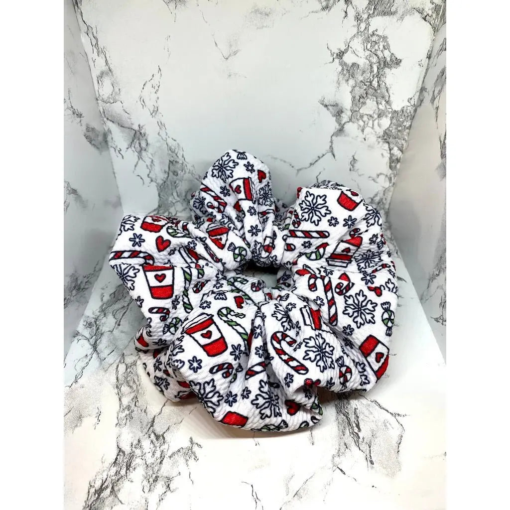 White Coffee and Snowflake Christmas Bullet Scrunchie
