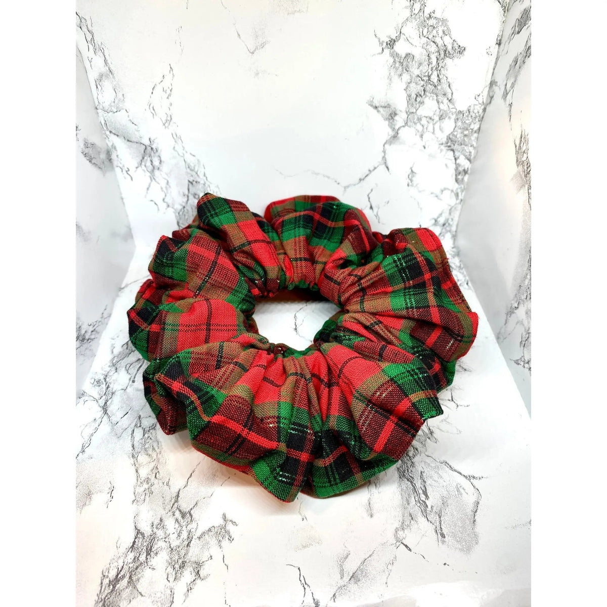 Red and Green Sparkle Plaid Christmas Scrunchie