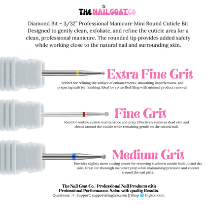 TheNailGoatCo Diamond Mini Round Cuticle Bit– Professional Nail Drill Bits (3/32" Shank)