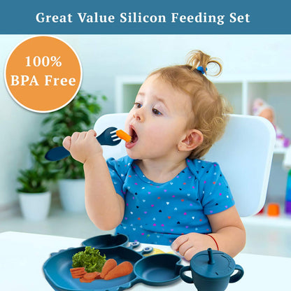 Texas Beauty & Health Azure Adventures Skies | Blue Turquoise Silicone Baby Feeding Set for Boys | Suction Bowl, Divided Plate, Bib, Cup, Spoon, and Fork