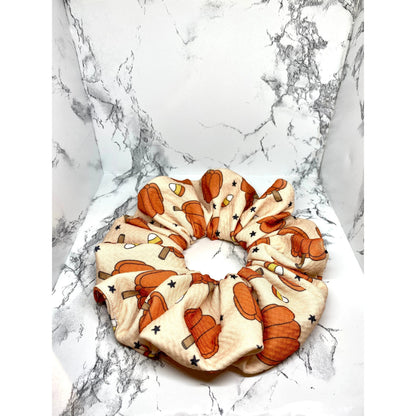 Beige Pumpkin and Candy Corn Halloween Bullet Scrunchie