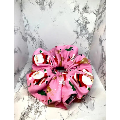 Pink Santa and Reindeer Christmas Scrunchie