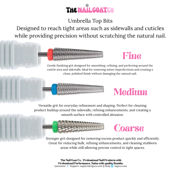 TheNailGoatCo Umbrella Top Bit Collection – Professional Nail Drill Bits (3/32" Shank)