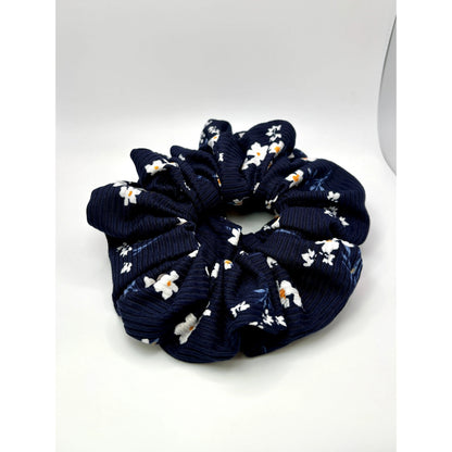 Navy Floral Ribbed Scrunchie