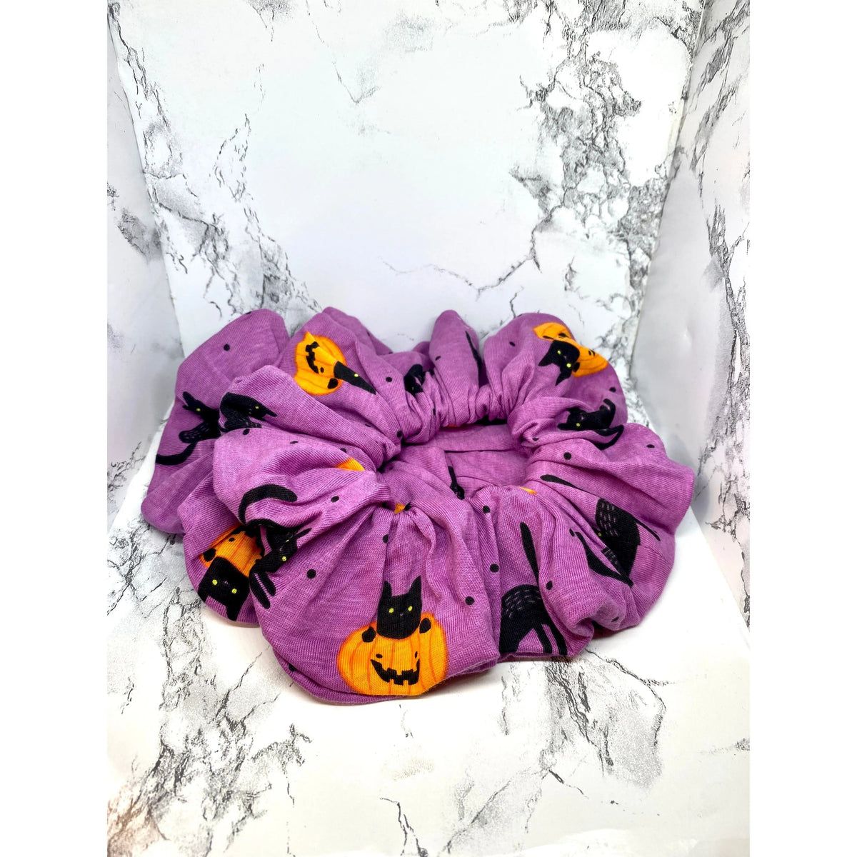 Purple Pumpkin Cat Halloween Scrunchie