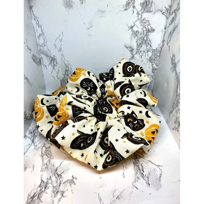 White Cat and Owl Heads Halloween Scrunchie