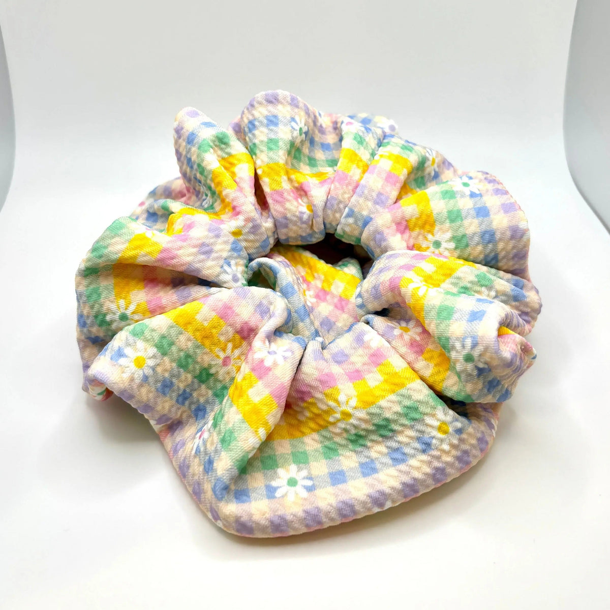 Pastel Gingham Flowers Spring Bullet Scrunchie