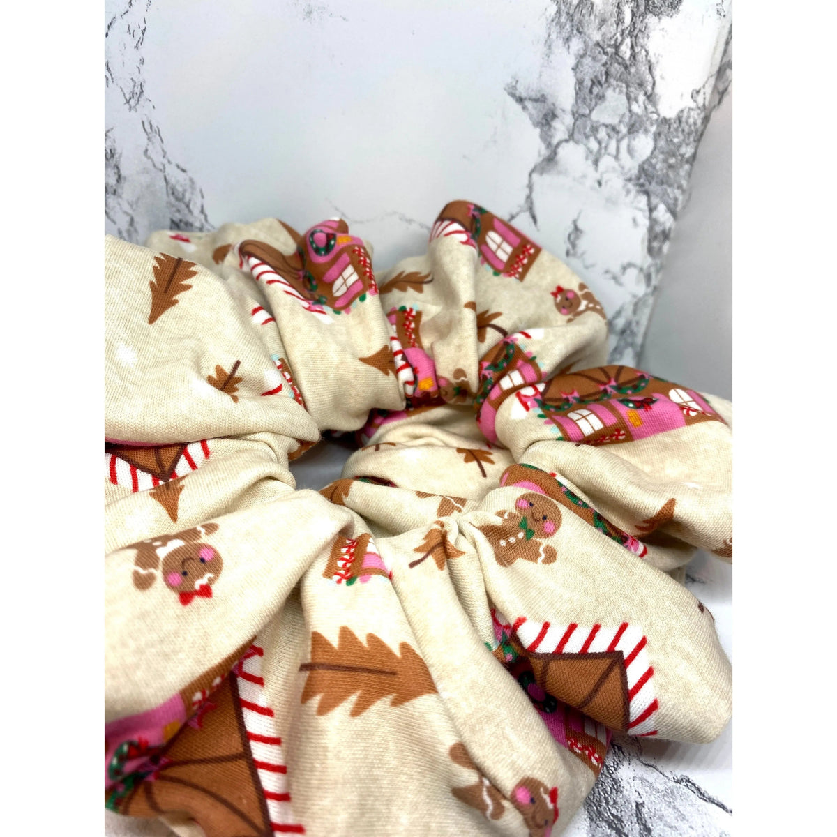 Beige Gingerbread House Christmas Scrunchie