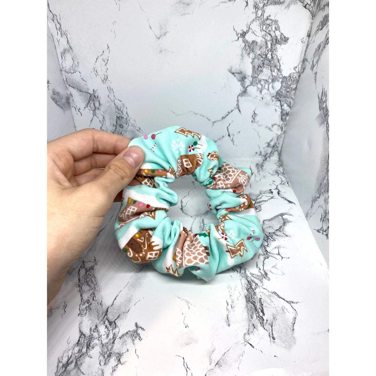 Mini Blue Gingerbread House Christmas Scrunchie