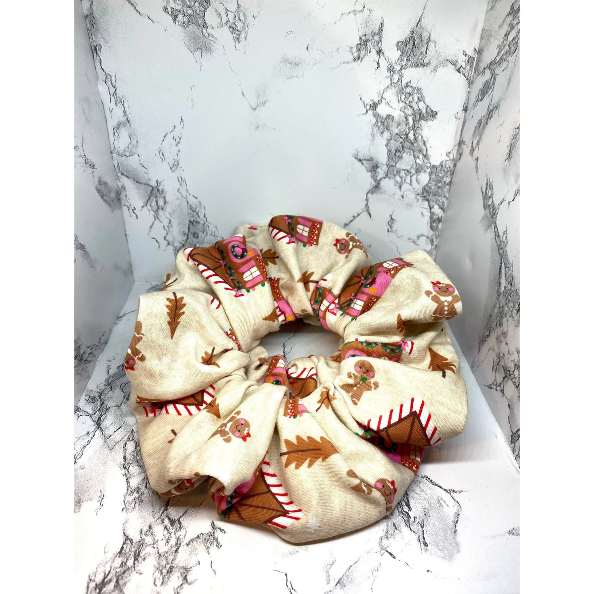 Beige Gingerbread House Christmas Scrunchie