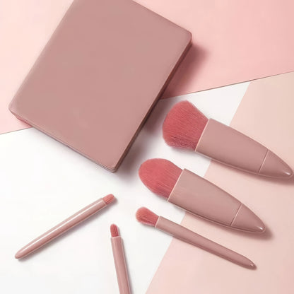 1 Set Chic Pink Makeup Brush Set - Mirror Compact, 5pcs Soft Bristles Versatile for Blush Eye Foundation