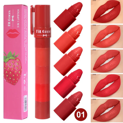 5-in-1 Fruit Velvet Matte Lipstick Set, Long-Lasting, Highly Pigmented, Moisturizing Lip Balm, Smooth Application for Soft lips