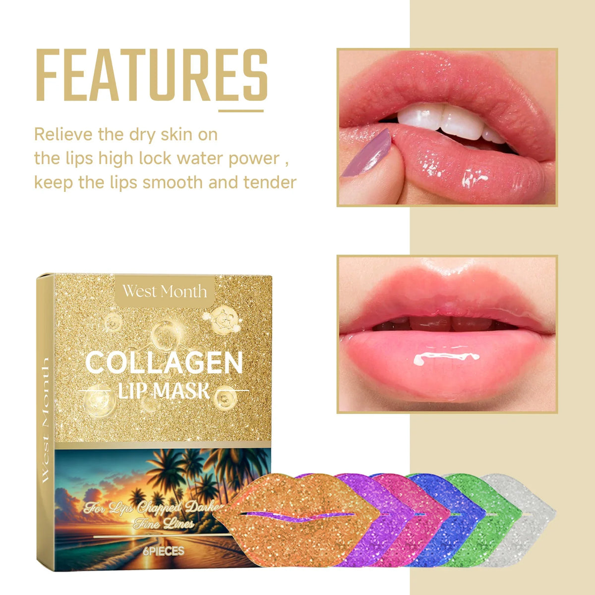 West&Month 6pcs Collagen Lip Mask Hydrating Firming Fade Lip Lines Nourishing Night Sleep Smooth Anti Dry Care Lips Plumper Mask