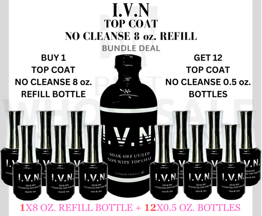 REFILL BUNDLE - I.V.N GEL NO CLEANSE TOP COAT 8 OZ. + 12 FREE 0.5 OZ. BOTTLES