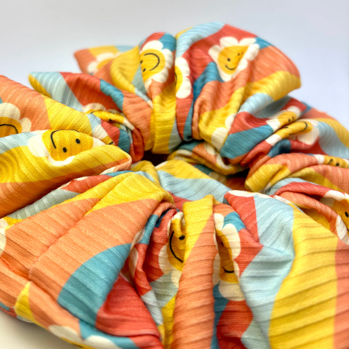 Smiley Daisy Boho Ribbed Scrunchie