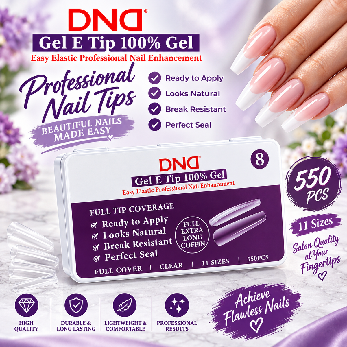 DND SOFT GEL NAIL TIP NO.8 - FULL EXTRA LONG COFFIN