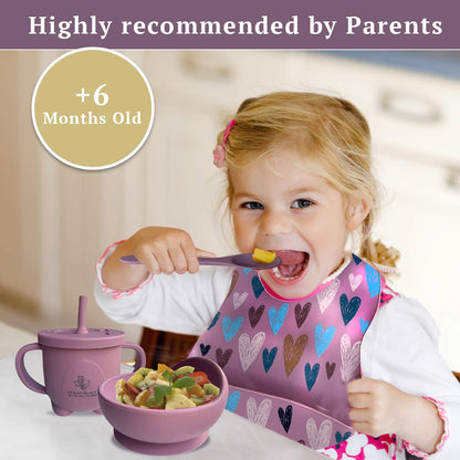 Texas Beauty & Health Gentle Heartfelt Petal | Earth Pink Silicone Baby Feeding Set for Boys | Suction Bowl, Divided Plate, Bib, Cup, Spoon, and Fork