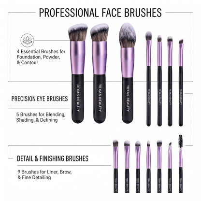 Texas Beauty Professional 18-Piece Makeup Brush Set with Storage Bucket – Ultra-Soft Vegan Synthetic Bristles, Matte Black & Purple Finish