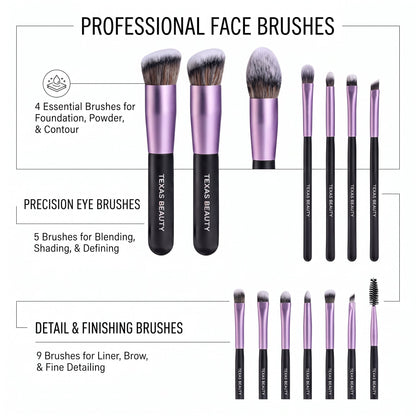 Texas Beauty Professional 18-Piece Makeup Brush Set with Storage Bucket – Ultra-Soft Vegan Synthetic Bristles, Matte Black & Purple Finish