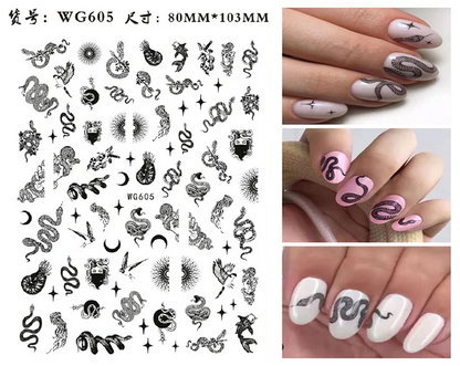 Nail Sticker Snake  Dragon Butterfly Black Multicolor Decals Nail Art Tattoo Slider Water Transfer Letter Nails Art Decoration