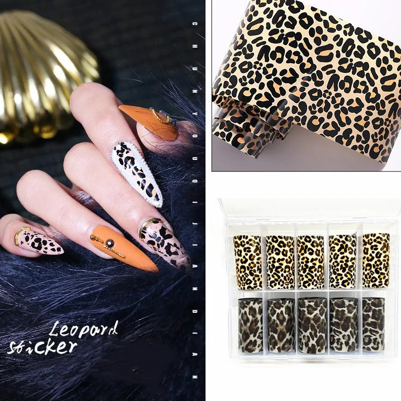 10 Rolls Leopard Print Nail Foils Transfer Paper Amber Nail Art Stickers Snake Skin Manicure Set Decal Animal Nails Decoration