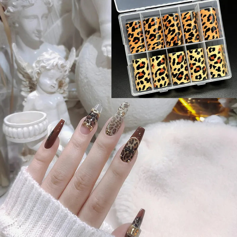 10 Rolls Leopard Print Nail Foils Transfer Paper Amber Nail Art Stickers Snake Skin Manicure Set Decal Animal Nails Decoration