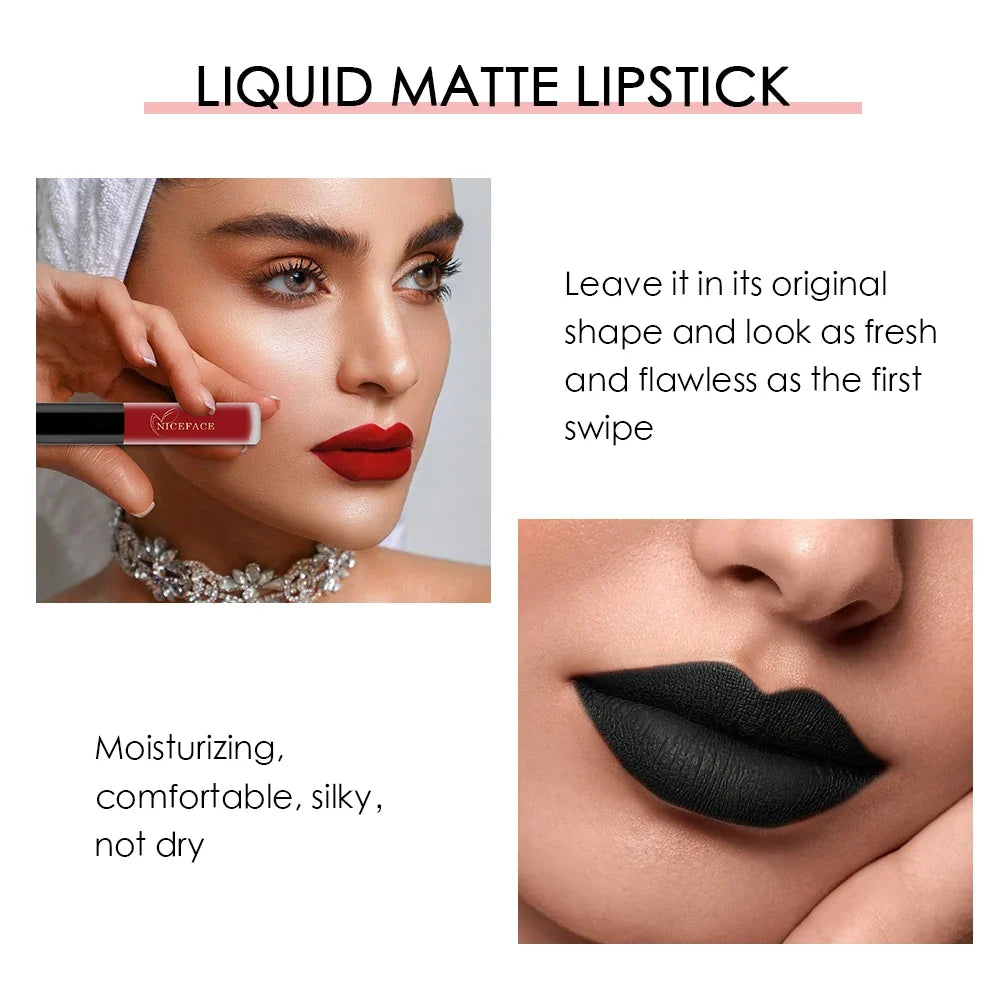 NICEFACE Matte Liquid Lipstick Waterproof Long Lasting Lip Gloss Tint Sexy Red Nude Purple Metallic Lipsticks Makeup Cosmetics
