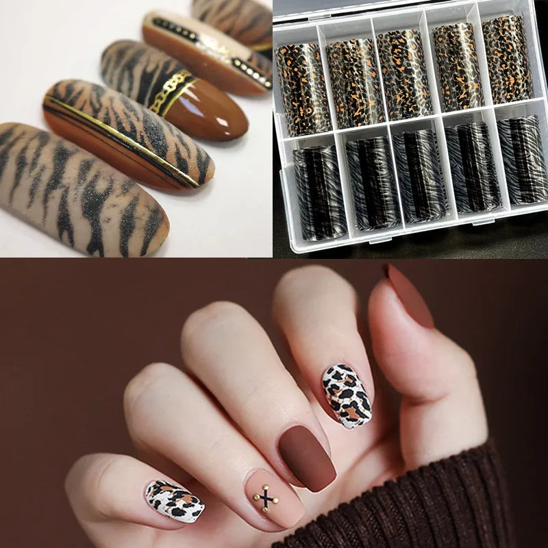 10 Rolls Leopard Print Nail Foils Transfer Paper Amber Nail Art Stickers Snake Skin Manicure Set Decal Animal Nails Decoration