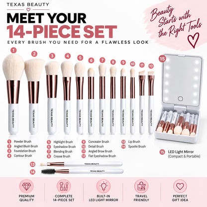 Texas Beauty 14-Piece Makeup Brush Set with LED Light Mirror & Travel Case – White Color